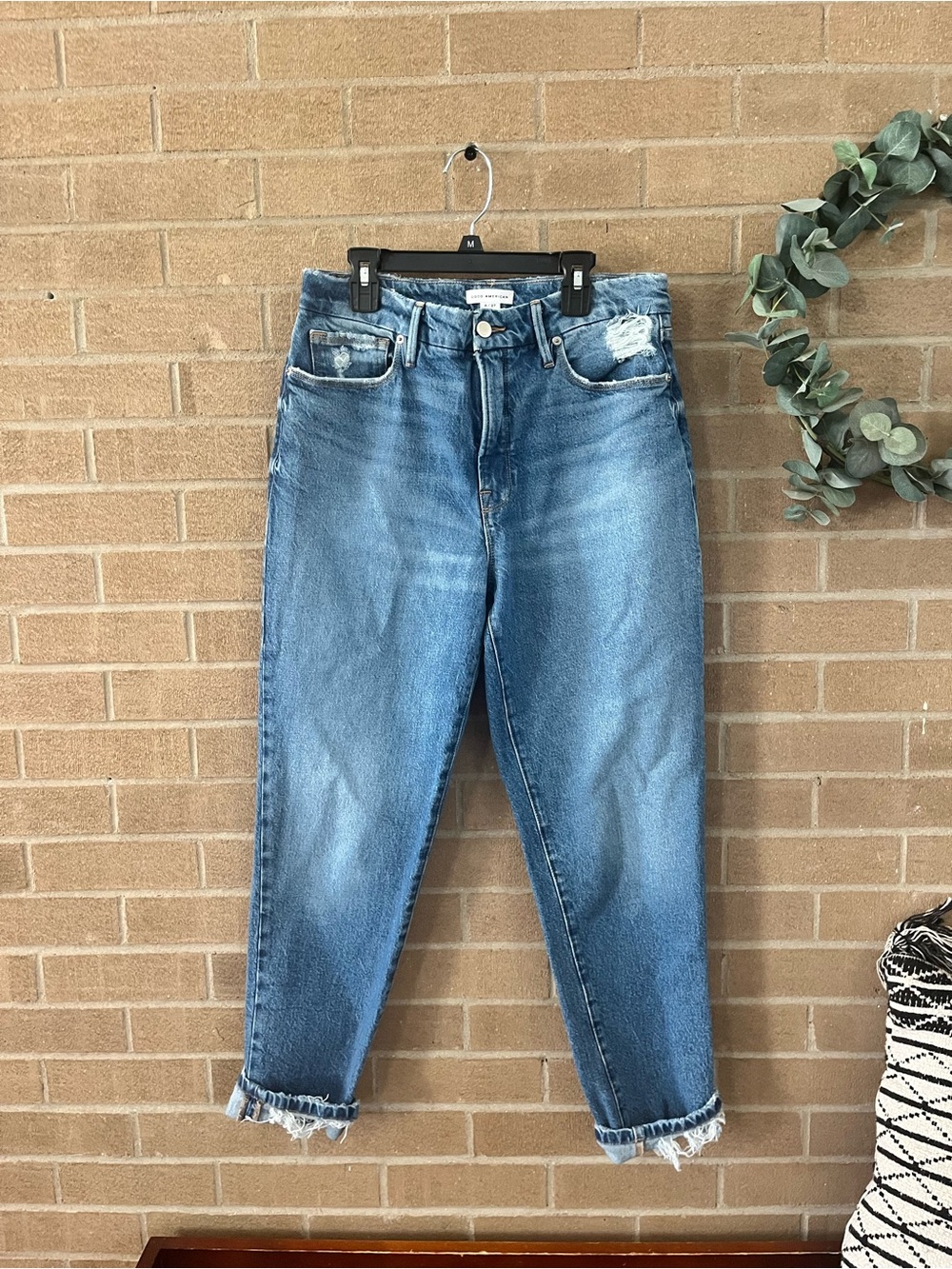 Good American Light Blue Boyfriend Jeans with Frayed Hem